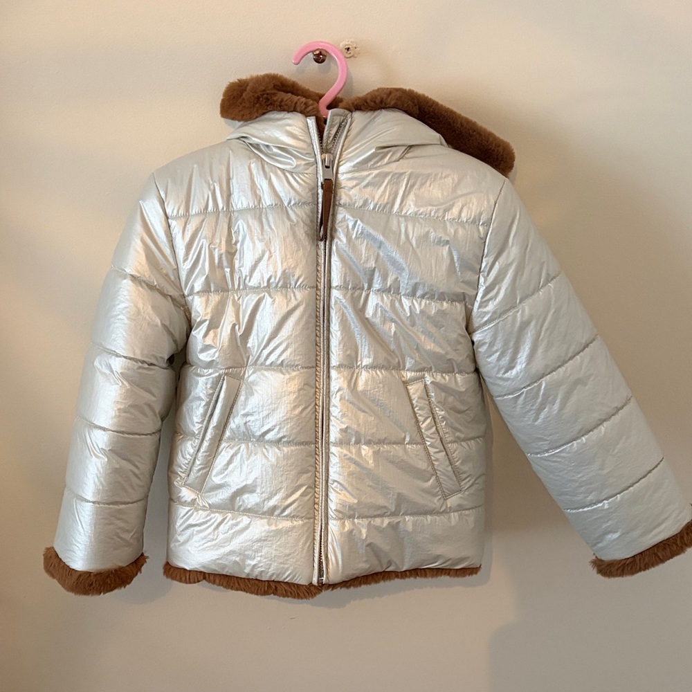 Bonton Silver Puffer Jacket with Brown Trim